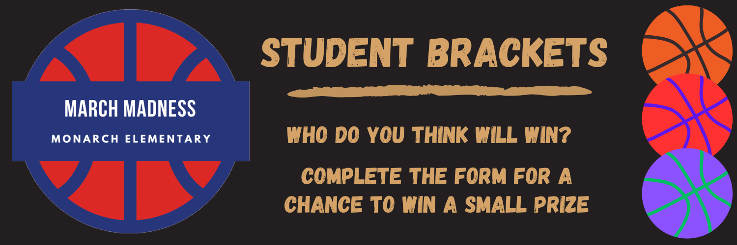 Black background with large basketball on the left, 3 basketballs on the right, with text about the student bracket form